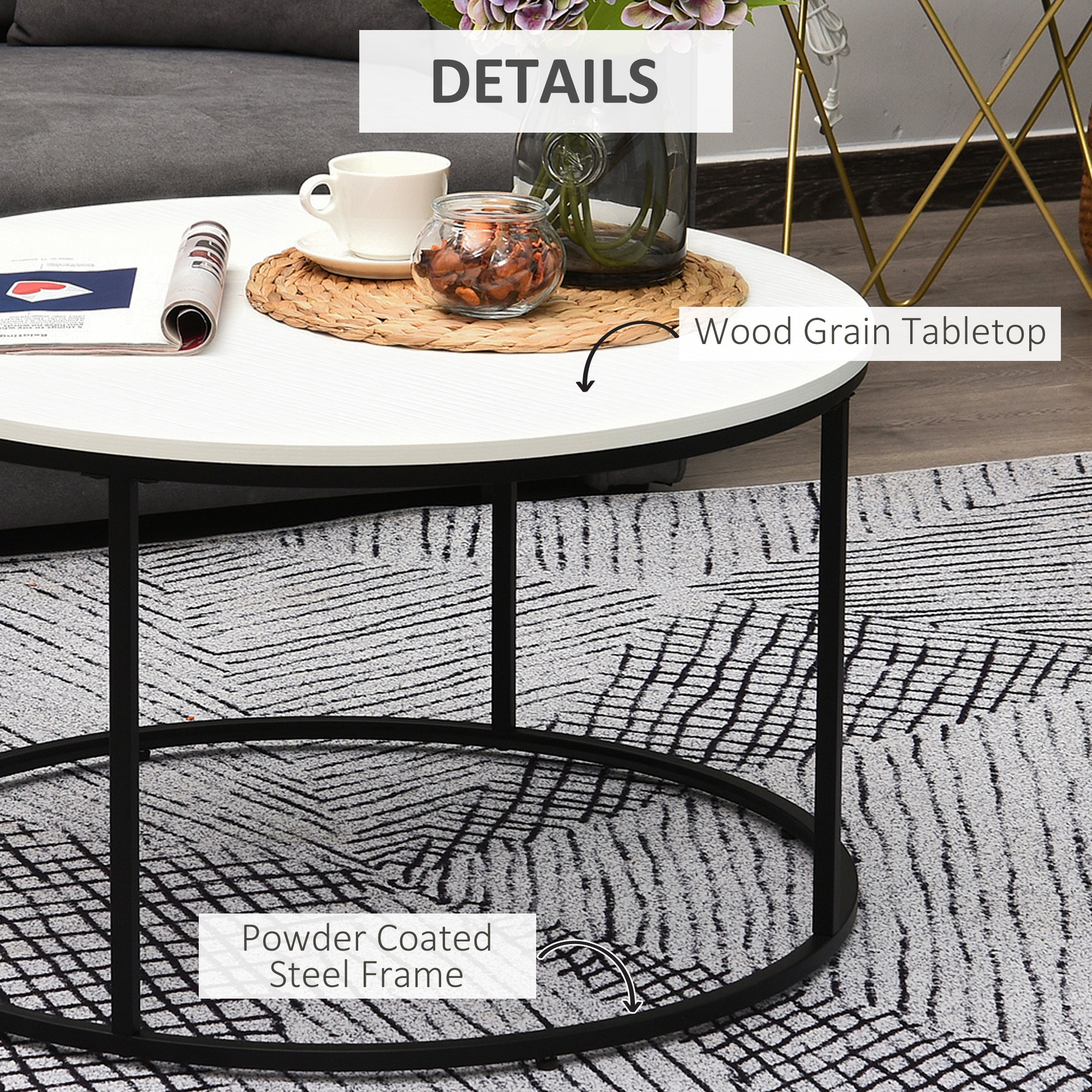 Homcom Round Coffee Table, 32 In Modern Center Table With Black Metal Frame, Coffee Tables For Living Room, White White Metal