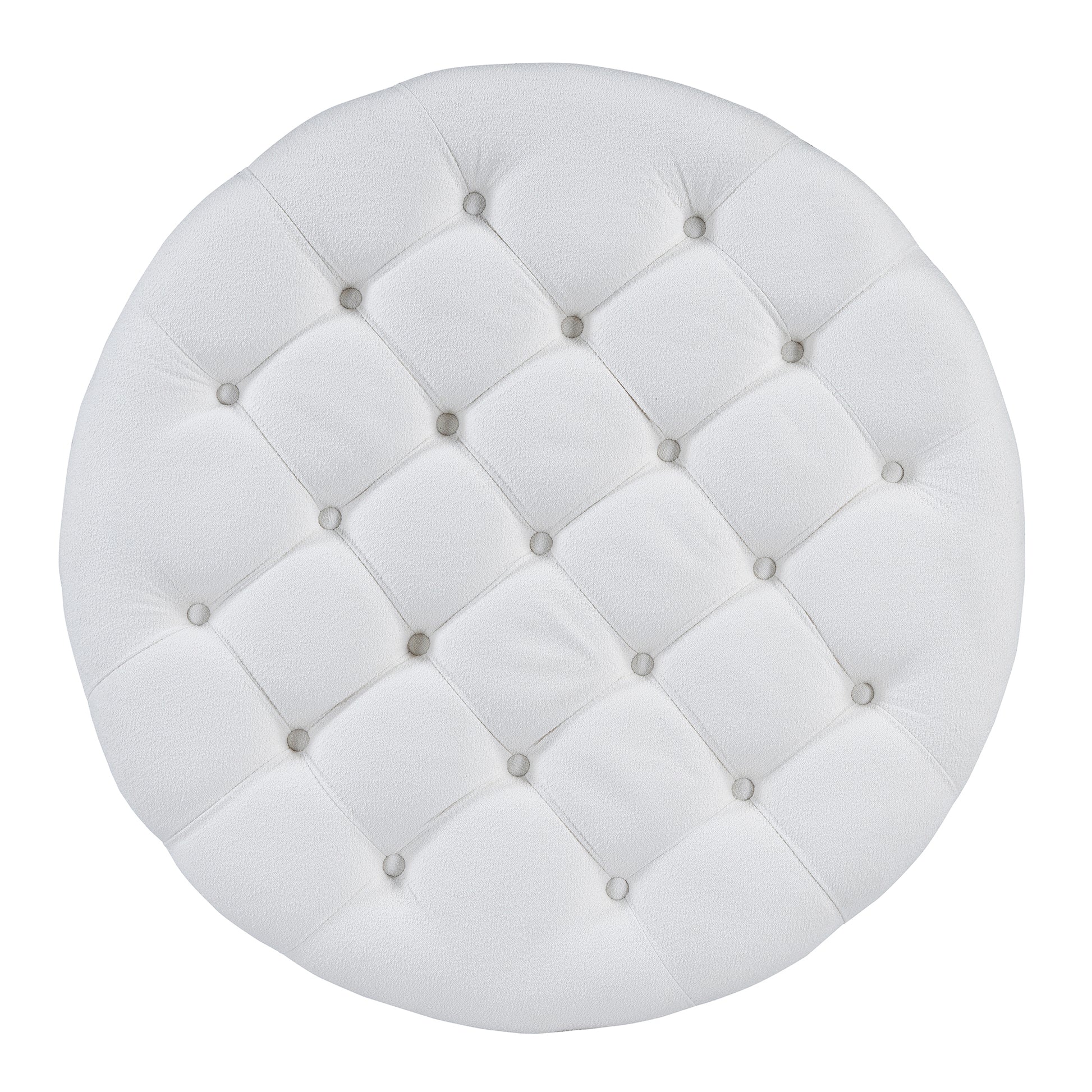 Modern Large Round Ottoman Coffee Table 2 Tier Oversized Button Tufted Ottoman With Wood Shelf Storage Upholstered Coffee Table For Living Room Footrest Ottoman With Wheel, Waterproof Linen Ivory White Rubber Wood