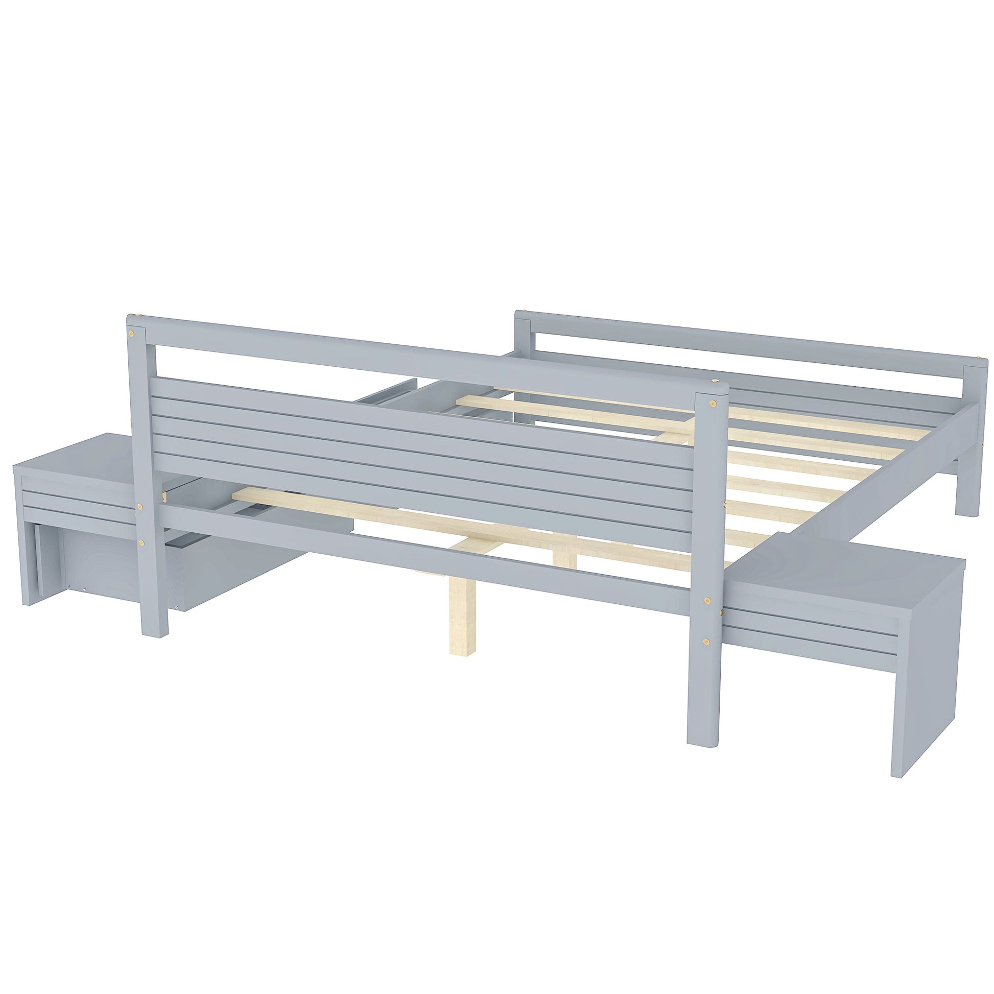 Queen Size Wooden Platform Bed With 2 Storage Drawers And 2 Bedside Tables, Gray Queen Gray Pine