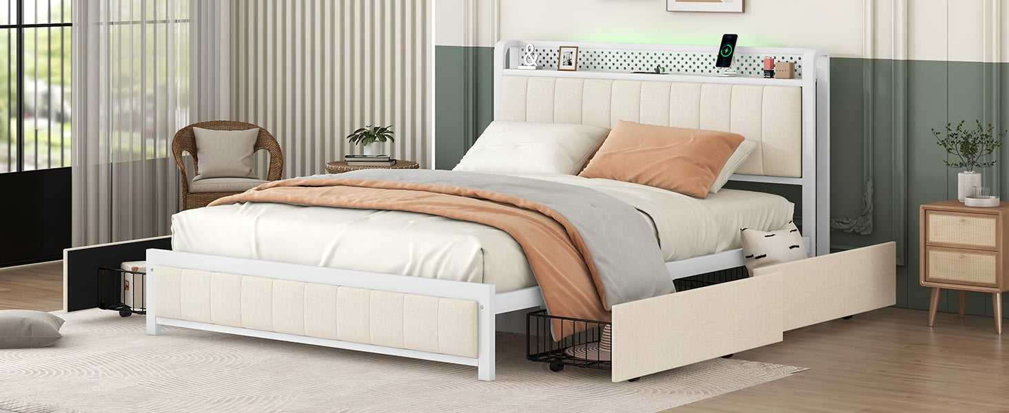Queen Bed Frame With Led Headboard, Upholstered Bed With 4 Storage Drawers And Usb Ports, Beige Queen Beige Linen