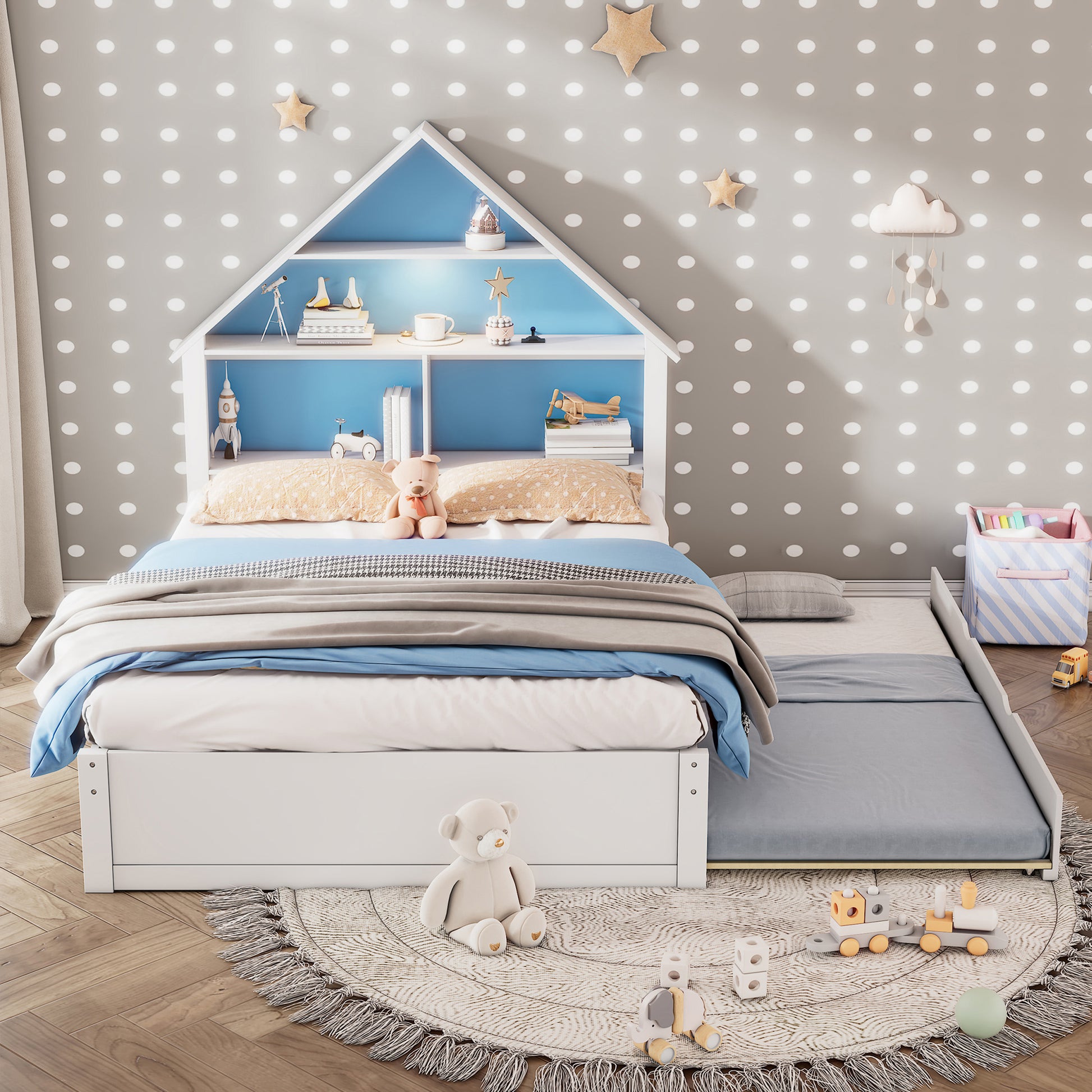 Full Size House Shaped Bed With Bookcase Headboard And Led Light And Twin Size Trundle For Kids Boys Girls, Blue White Box Spring Not Required Full White Blue Wood Bedroom Cute Bed Frame Wood
