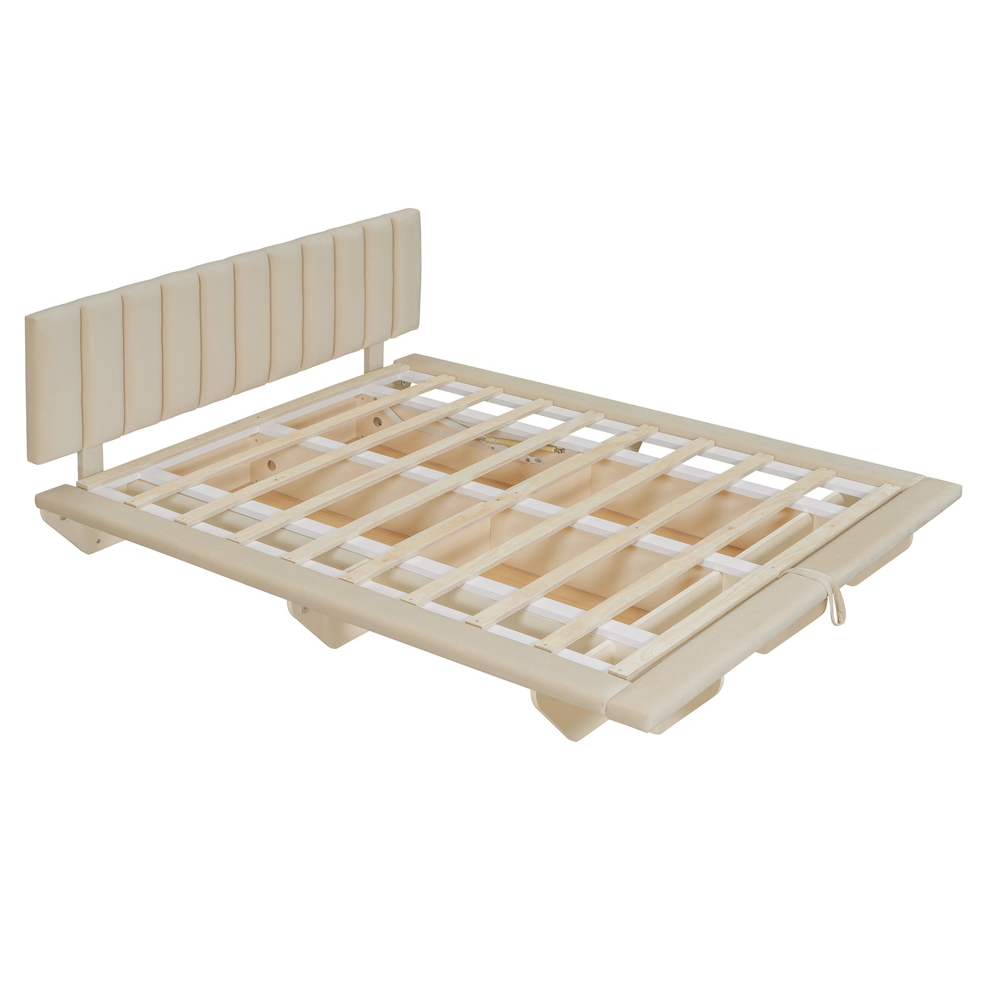 Queen Size Upholstered Floating Bed With Led Light And Usb Port, Velvet, Beige, Hydrualic Platform Bed Queen Beige Velvet