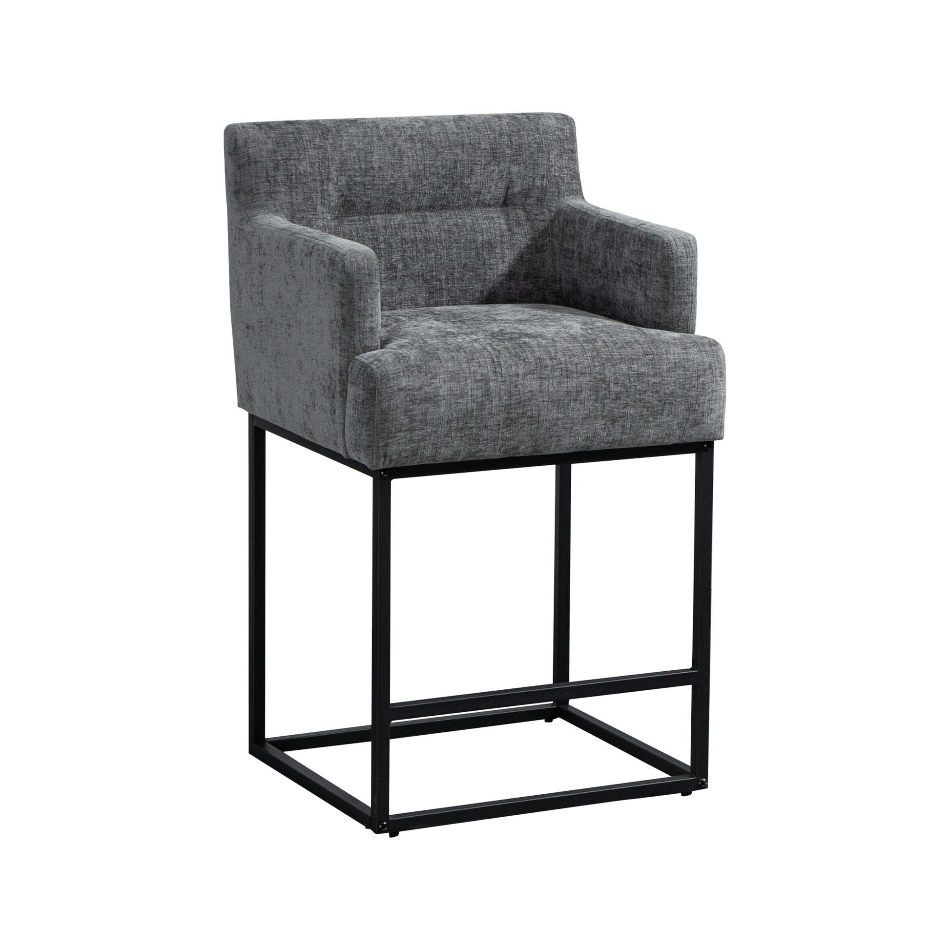 Coolmore Counter Height Bar Stools Set Of 2, Modern Barrel Bar Stool With Backrest And Arms, Black Metal Frames, Upholstered Bar Stools For Kitchen Island, Pub, Club Gray Foam Chenille