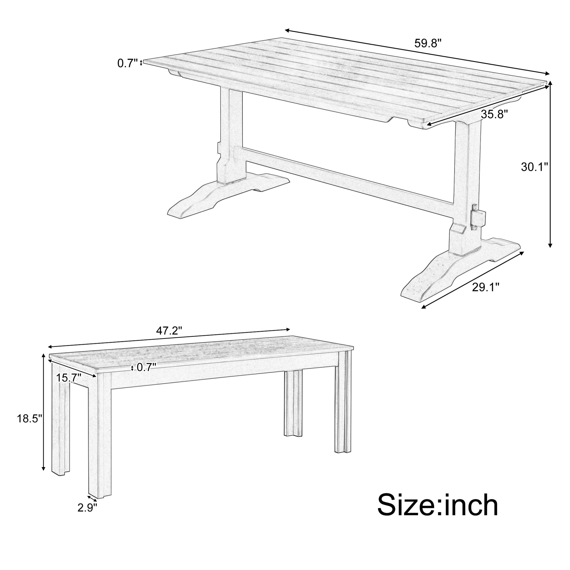 3 Piece Retro Dining Set, Rectangular Trestle Table And 2 Wooden Benches For 4 People For Dining Room And Kitchen Natural Wood Natural Wood Solid Wood Mdf