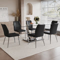 Table And Chair Set.Contemporary, Minimalist Rectangular Dining Table Featuring A Clear Tempered Glass Top And Sleek Silver Legs. Paried With Chairs Made Of Pu Material Cushion And Silver Metal Legs. Black Seats 6 Glass Metal