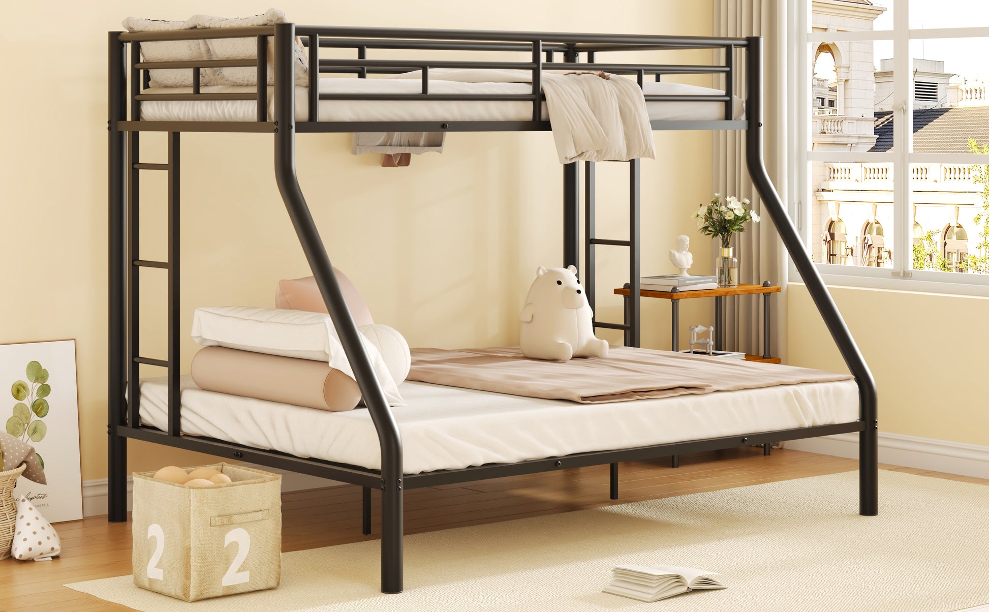 Twin Xl Over Queen Metal Bunk Bed With Ladder And Guardrails, Black Box Spring Not Required Twin Xl Black Metal Metal
