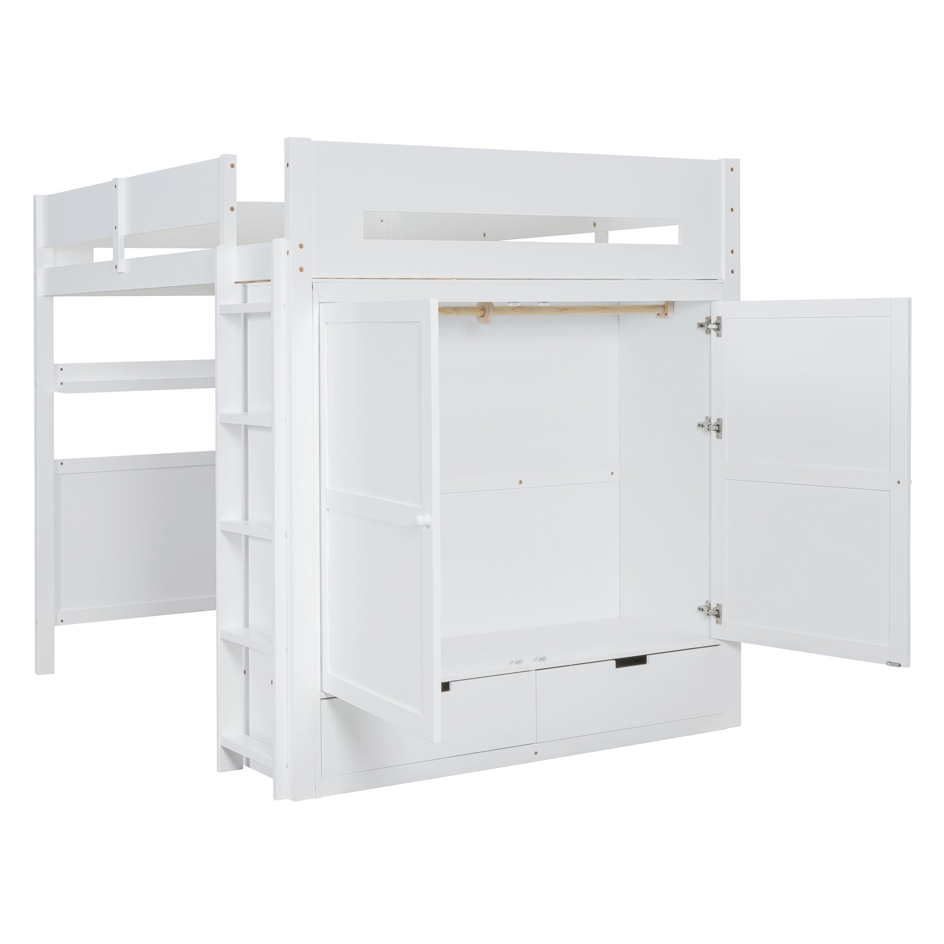 Full Size Wooden Loft Bed With Wardrobe, Desk, Drawers, Shelves, White Full White Plywood