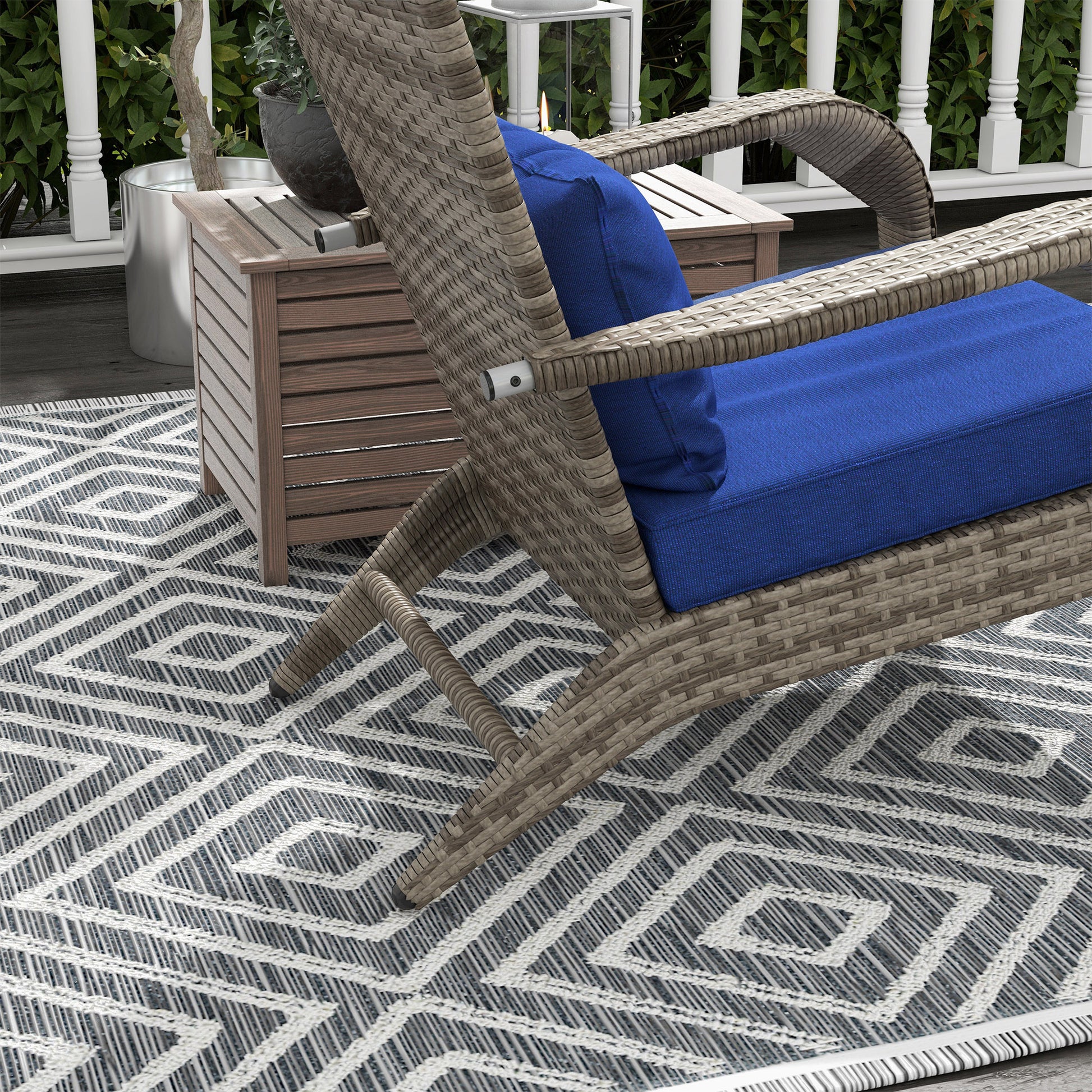 Outsunny Patio Wicker Adirondack Chair With Ottoman, Outdoor Fire Pit Chair With Cushions, High Back, Large Seat & Armrests For Deck, Garden & Backyard, Dark Blue Blue Steel