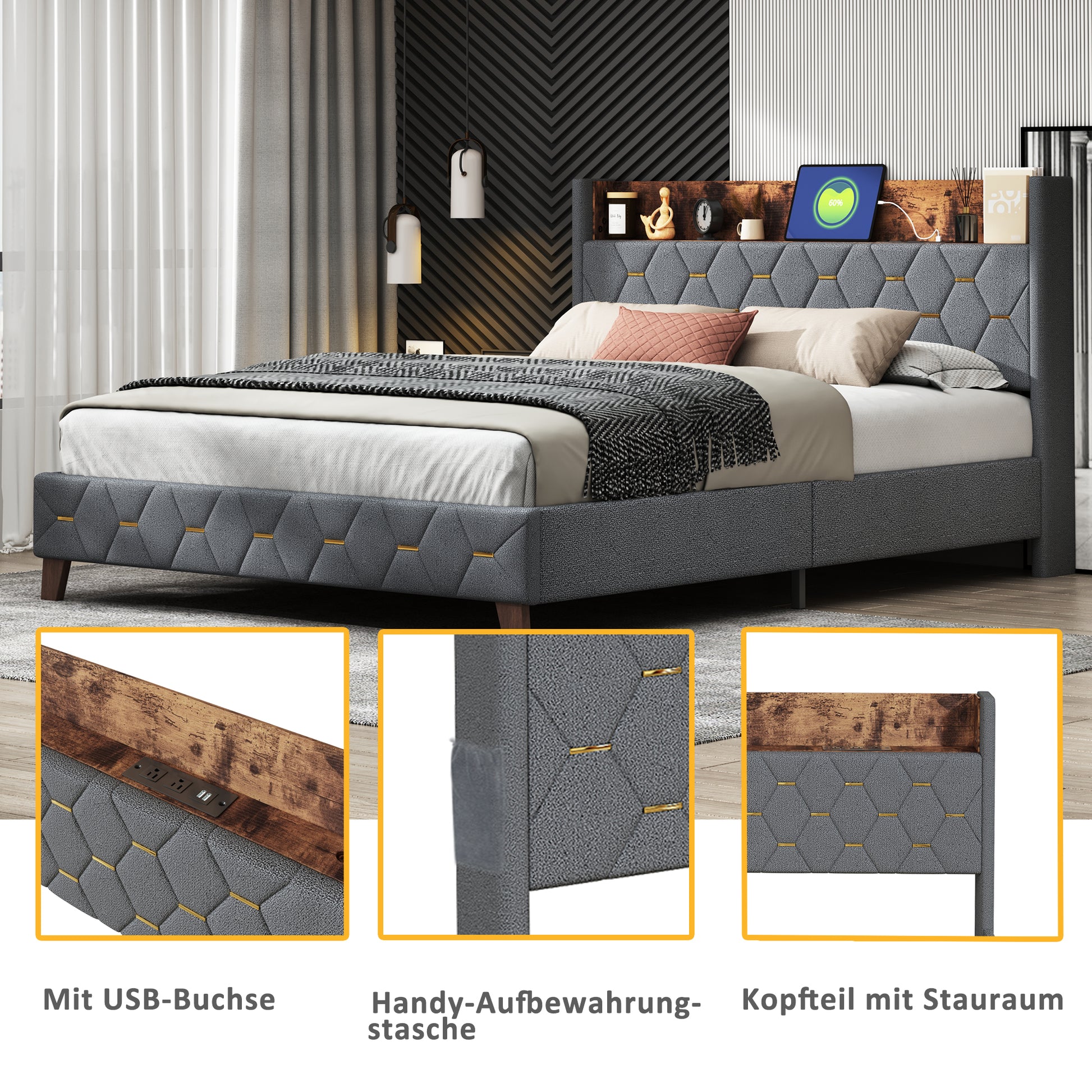 Gray Full Bed With Elegant Gold Metal Buttons, Built In Usb Ports, Phone Storage Pocket, And Spacious Headboard Shelving Sturdy Frame Supports Up To 300 Lbs,Mattress Not Included Box Spring Not Required Full Aqua Grey Abs