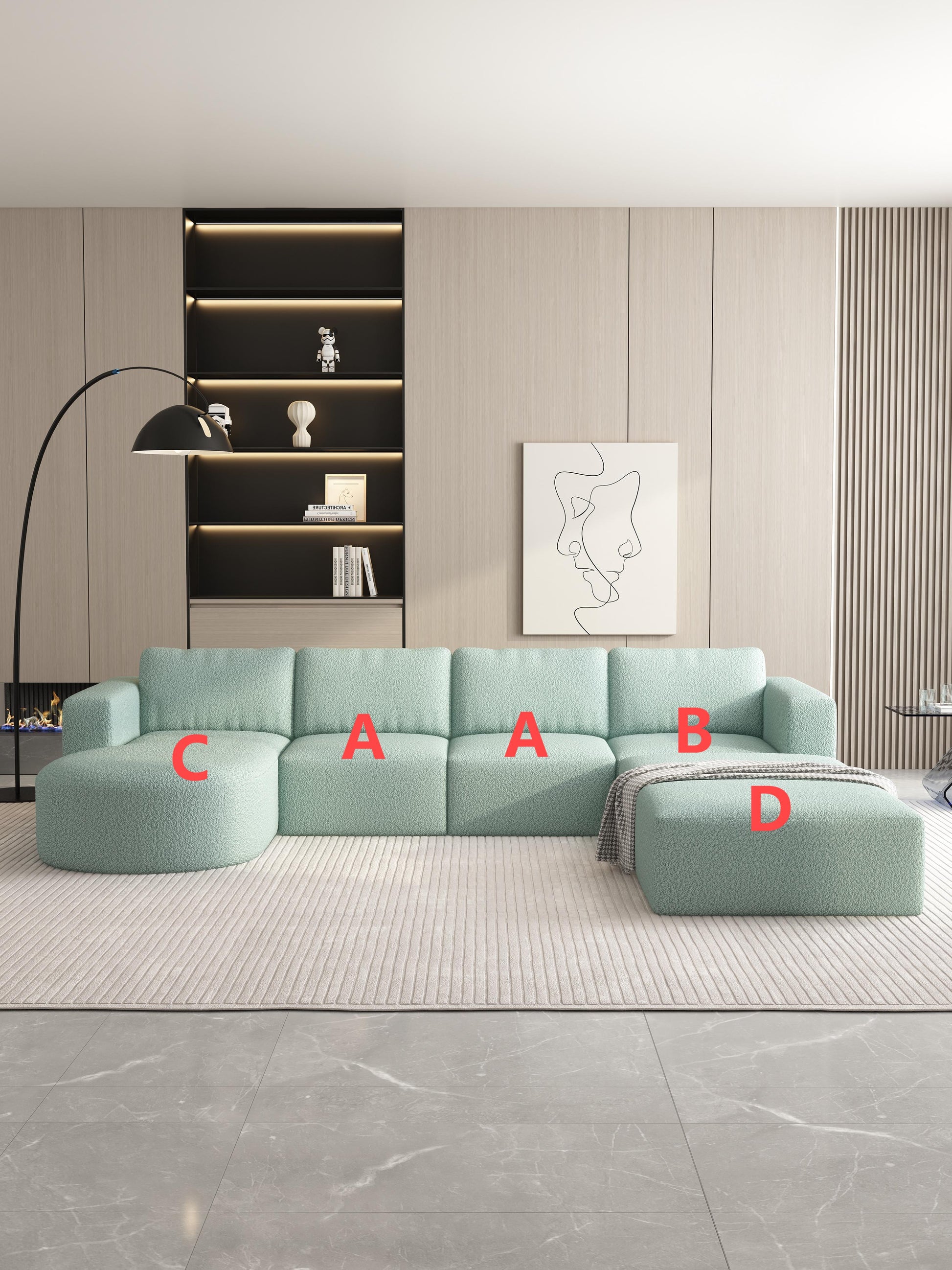133.84*70.86 Modular Sectional Sofa Sleeper Couch, Sectional Sofa With Chaise And Ottoman, Convertible U Shaped Modular Sofa Set. Compressed Spon, Light Green Combo 2A B C D Light Green Primary Living Space Soft Minimalist,Modern Foam Spring 6 Seat