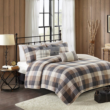 6 Piece Printed Herringbone Quilt Set With Throw Pillows Neutral King Cal King Neutral Polyester
