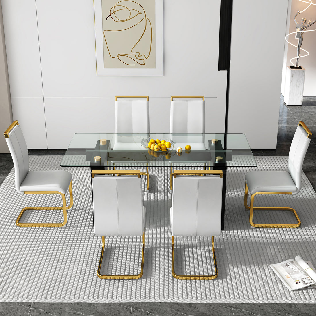 Table And Chair Set, Large Modern Minimalist Rectangular Glass Table, Can Accommodate 6 8 People, Equipped With Tempered Glass Tabletop And Large Mdf Table Legs, Comfortable And Minimalist Chairs. Transparent Mdf Glass