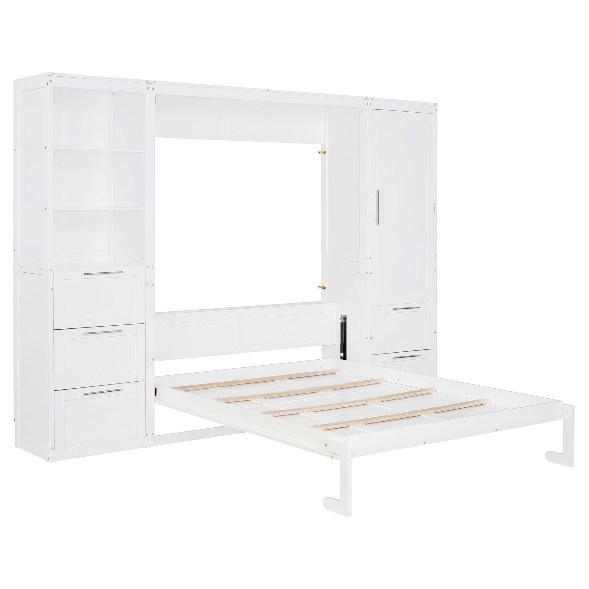 Queen Size Murphy Bed Wall Bed With Closet ,Drawers And Shelves,White Queen White Mdf Lvl