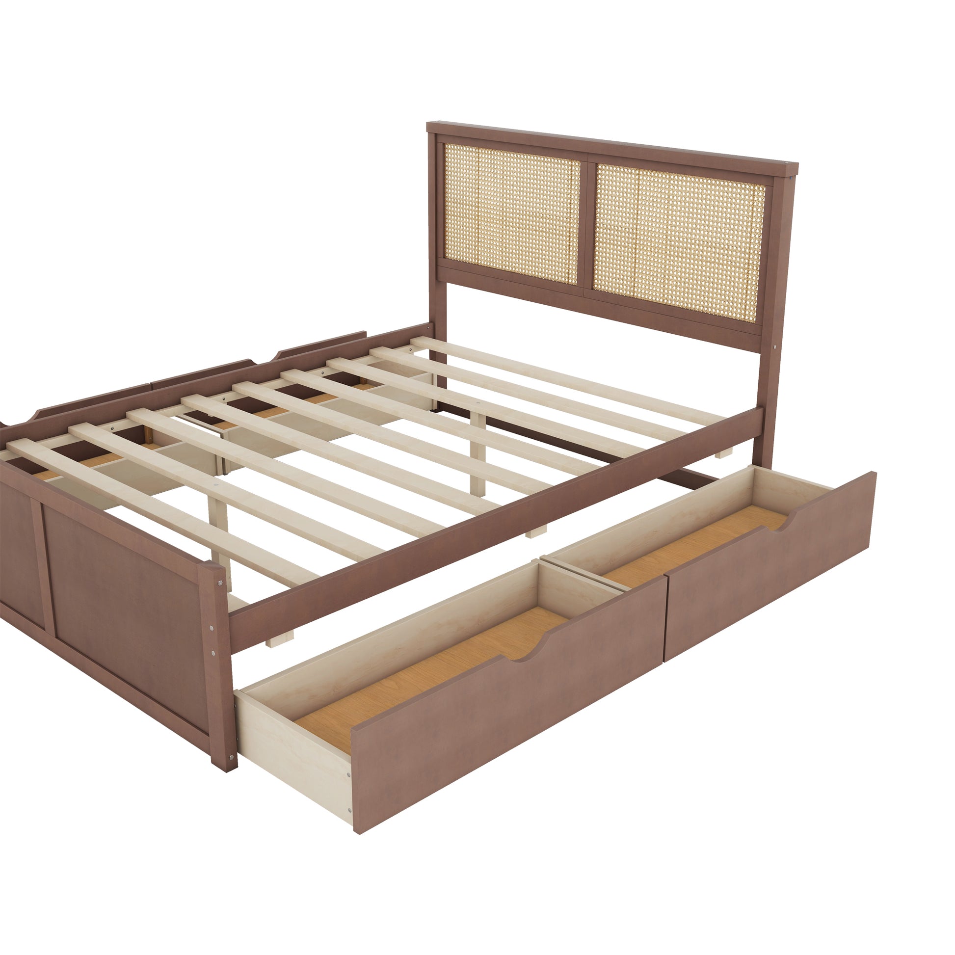 Queen Size Wood Storage Platform Bed With 4 Drawers, Rattan Headboard, Espresso Box Spring Not Required Queen Antique Espresso Wood Bedroom Bed Frame Wood Rattan