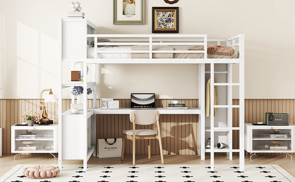Metal Loft Bed With Wardrobe And L Shaped Desk, Full Size Loft Bed With Storage Cubes And Shelves, Heavy Duty Loft Bed For Kids Teens Adults, White Full Off White Metal