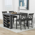 Updated Counter Height 5 Piece Solid Wood Dining Table Set, 59*35.4Inch Table With Curved Wine Rack And 4 Upholstered Chairs, Grey Wood Dining Room Solid Wood Rubberwood Rectangular Dining Table With Chair Wood Wood Grey Solid Back Seats 4 Farmhouse 4