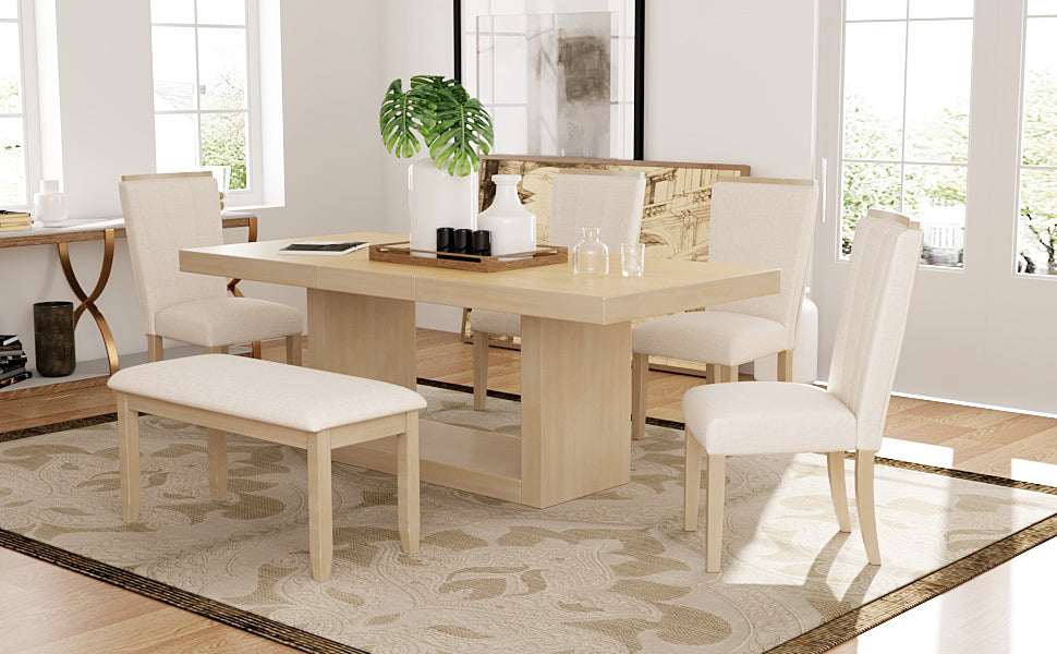 Contemporary 6 Piece 78Inch Extendable Pedestal Dining Table Set With 18Inch Removable Leaf And Dining Bench, 4 Upholstered Dining Chairs, Natural Wood Dining Room Solid Wood Rubberwood Rectangular Dining Table With Chair And Bench Upholstered Chair Wood