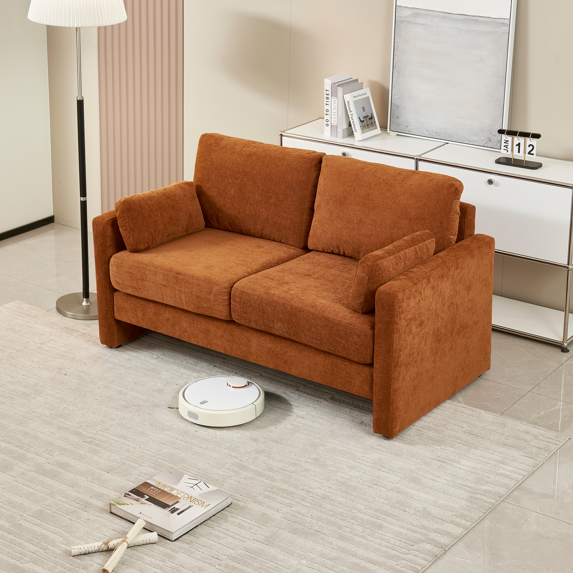 58.66" Small Modern Loveseat Sofa, Mid Century Chenille Fabric 2 Seat Couch Beautiful Seat With Back Cushions, Accent Sofa Couch For Living Room, Bedroom And Small Space Orange Wood Foam Chenille 2 Seat