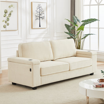 86.5 Inch Sofa Couch Deep Seat Sofa With Two Storage Spaces, T Pyce Charging Portsusb Charging Ports & 2 Cup ,Corduroy 3 Seater Couch, Modern Sofas For Living Room Beige Foam Corduroy 3 Seat