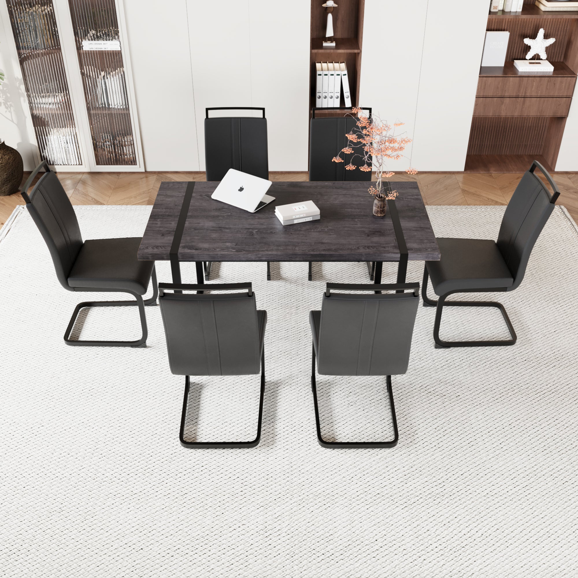 59 "Rural Industrial Rectangular Mdf Black Dining Table Set And Pu Armless Dining Chair Set, 6 Pieces. Kitchen Black Metal Table Leg Dining Chair Set Black Mdf