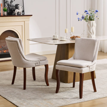 Modern Dining Chairs Set Of 2,Double Layer Cushioned Chenille Fabric Upholstered Accent Side Leisure Chairs With Mid Back And Curved Solid Wood Legs For Living Room Dining Room Beige Beige American Design Dining Chairs Rubberwood Set Of 2 Foam Chenille