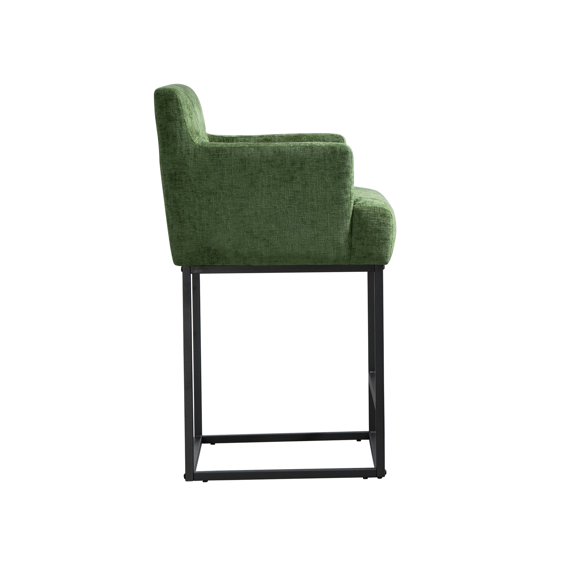 Coolmore Counter Height Bar Stools Set Of 2, Modern Barrel Bar Stool With Backrest And Arms, Black Metal Frames, Upholstered Bar Stools For Kitchen Island, Pub, Club Green Foam Chenille