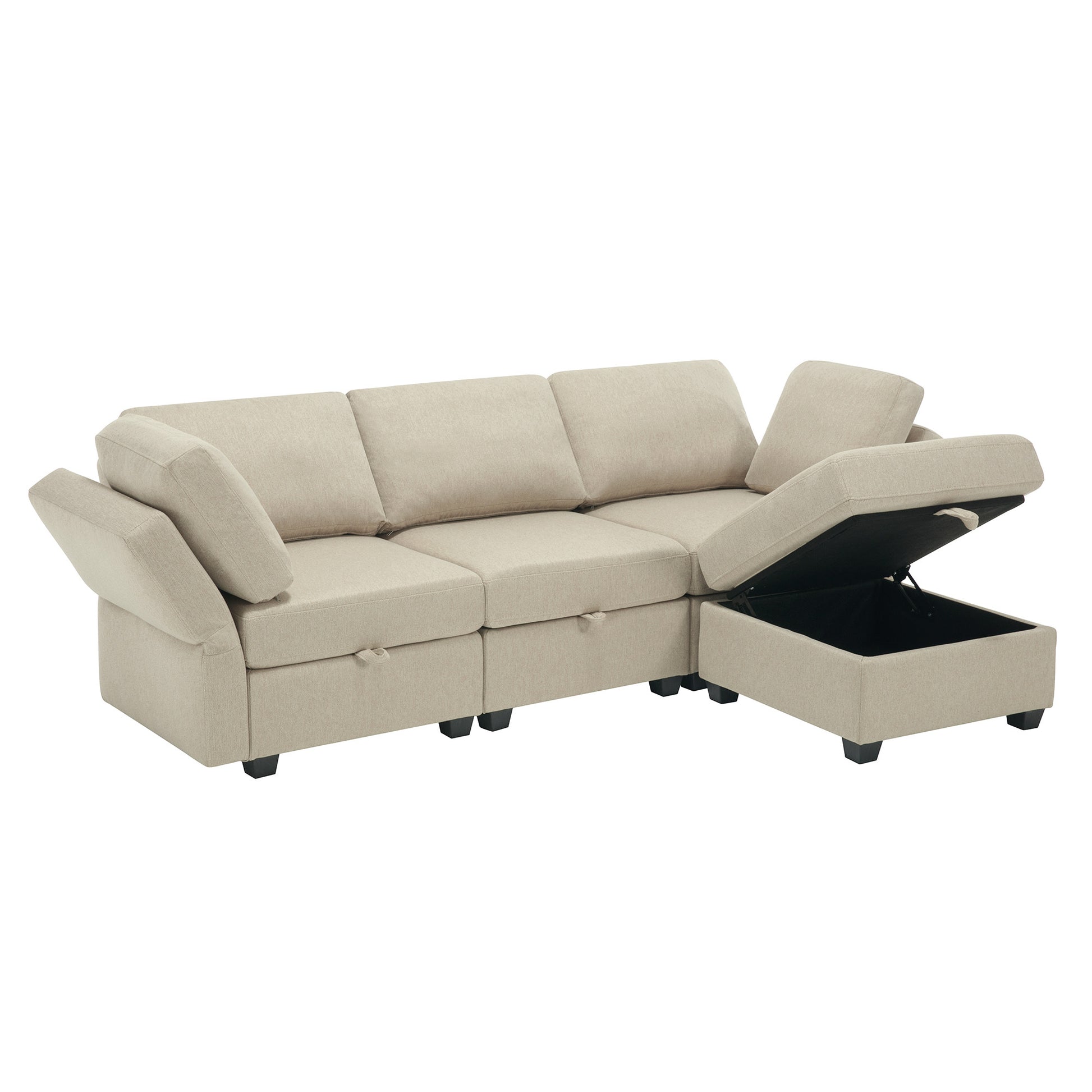 Convertible Sectional Sofa With Chaise, L Shaped Sofa Couch Modular Sectional Sofa With Storage Seats, Adjustable Arms And Backs Beige Beige Polyester 3 Seat