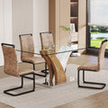 Table And Chair Set.Modern Dining Table, Tempered Glass Countertop With Artistic Mdf Legs.Paried With 4 Comfortable Chairs With Pu Seats And Metal Legs. Suitable For Various Decoration Styles. Black Brown,Transparent Seats 4 Mdf Metal