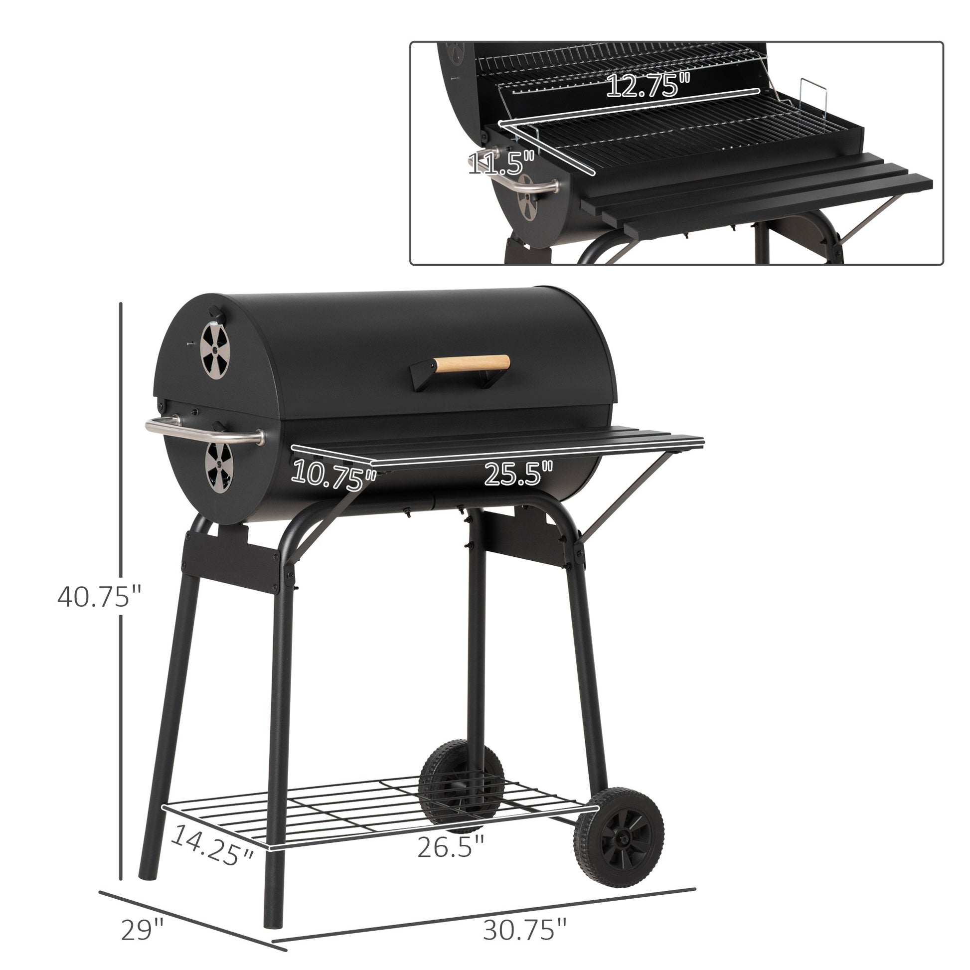 Outsunny 30" Portable Barrel Charcoal Bbq Grill, Steel Outdoor Barbecue Smoker With Storage Shelf, Wheels For Garden Camping Picnic, Black Black Carbon Steel