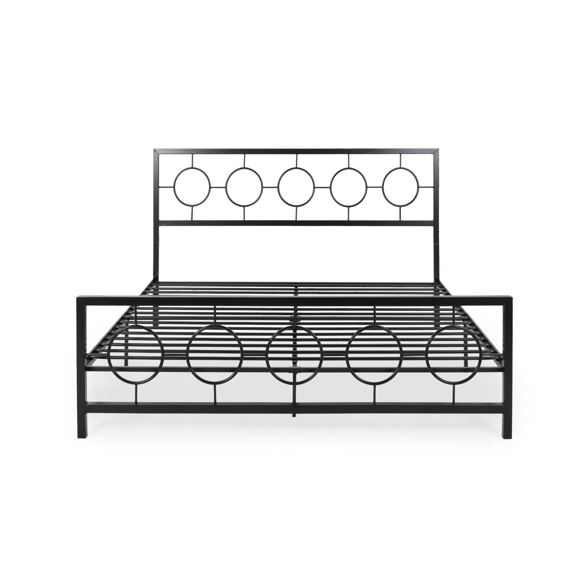 King Size Classical Metal Bed Frame With Circular Design Headboard And Footboard, Under Bed Space, Black King Black Iron