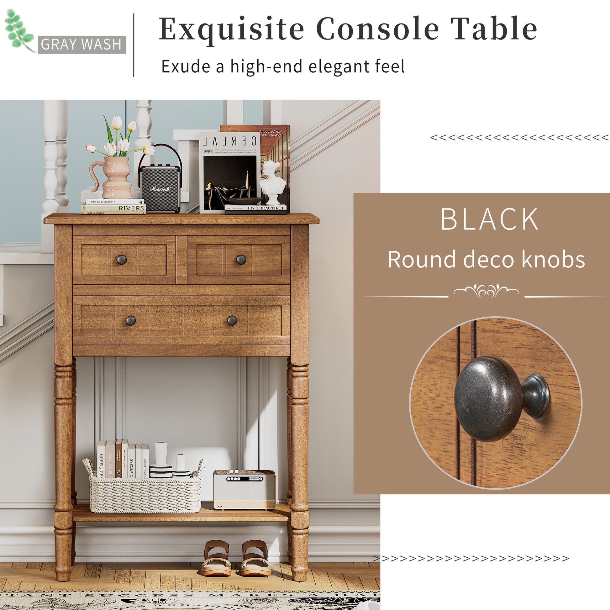Narrow Console Table, Slim Sofa Table With Three Storage Drawers And Bottom Shelf Natural Natural Solid Wood Mdf
