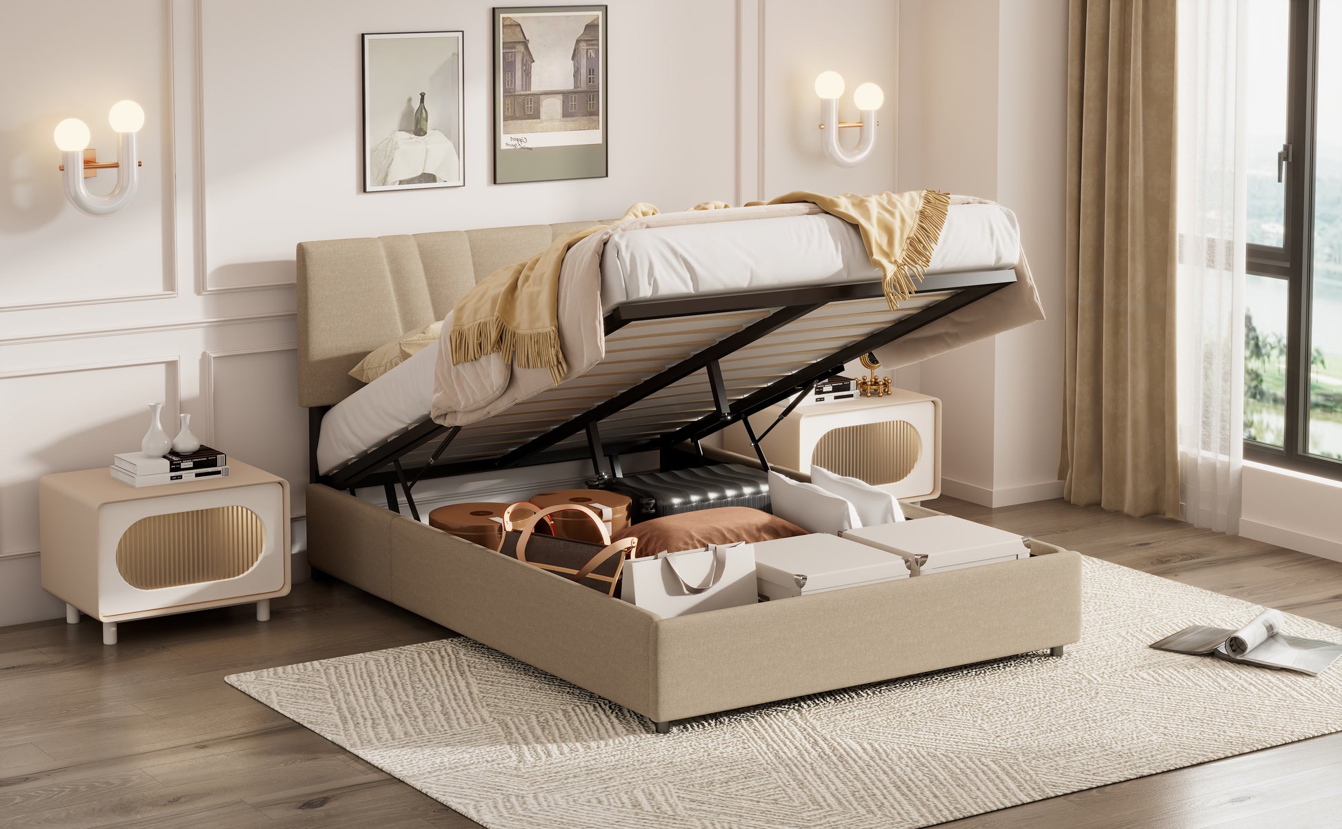 Full Upholstered Platform Bed With Lifting Storage, Full Size Bed Frame With Storage And Tufted Headboard,Wooden Full Platform Bed For Kids Teens Adults,No Box Spring Needed,Light Beige Box Spring Not Required Full Light Beige Wood Bedroom American