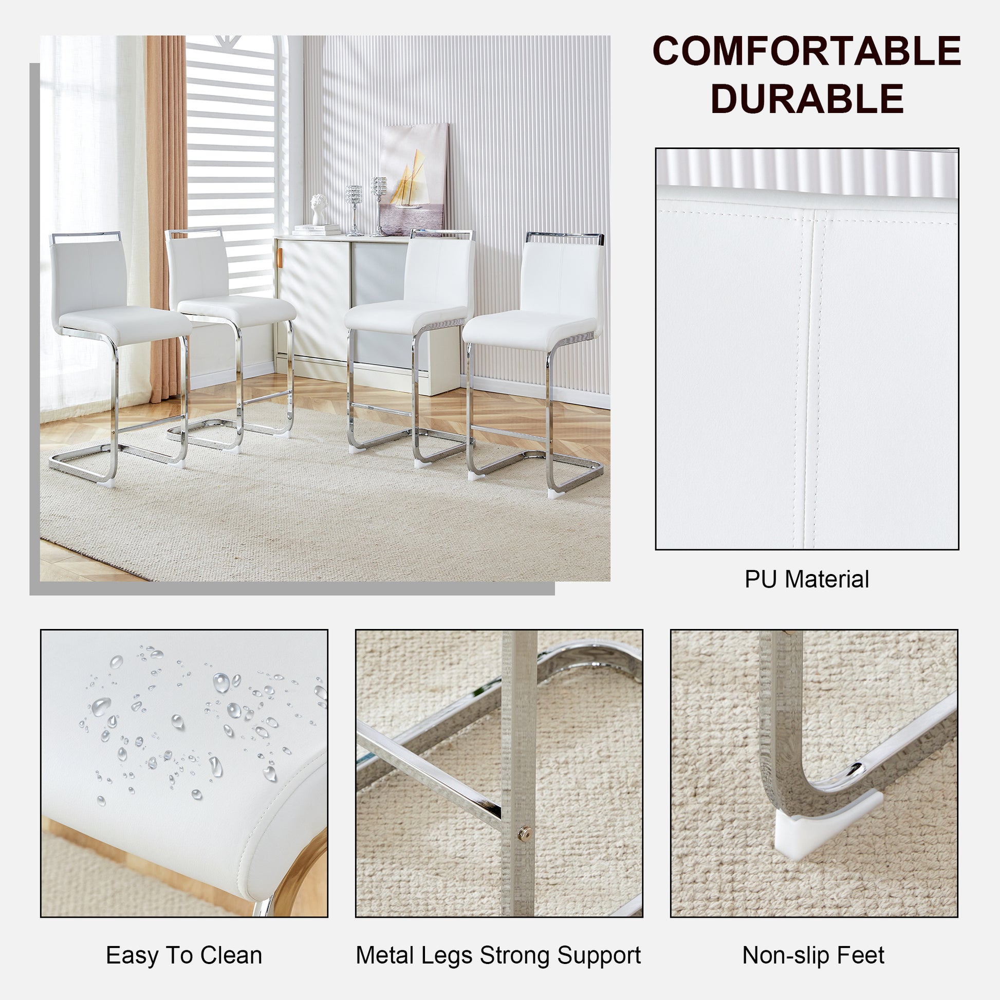 Table And Chair Set. A Rectangular Glass Dining Table With A 0.4 Inch Tempered Glass Tabletop And Mdf Board V Shaped Bracket, Paired With Chairs Consisting Of Pu Seat Cushions And Silver Metal Legs. White Black Seats 4 Tempered Glass