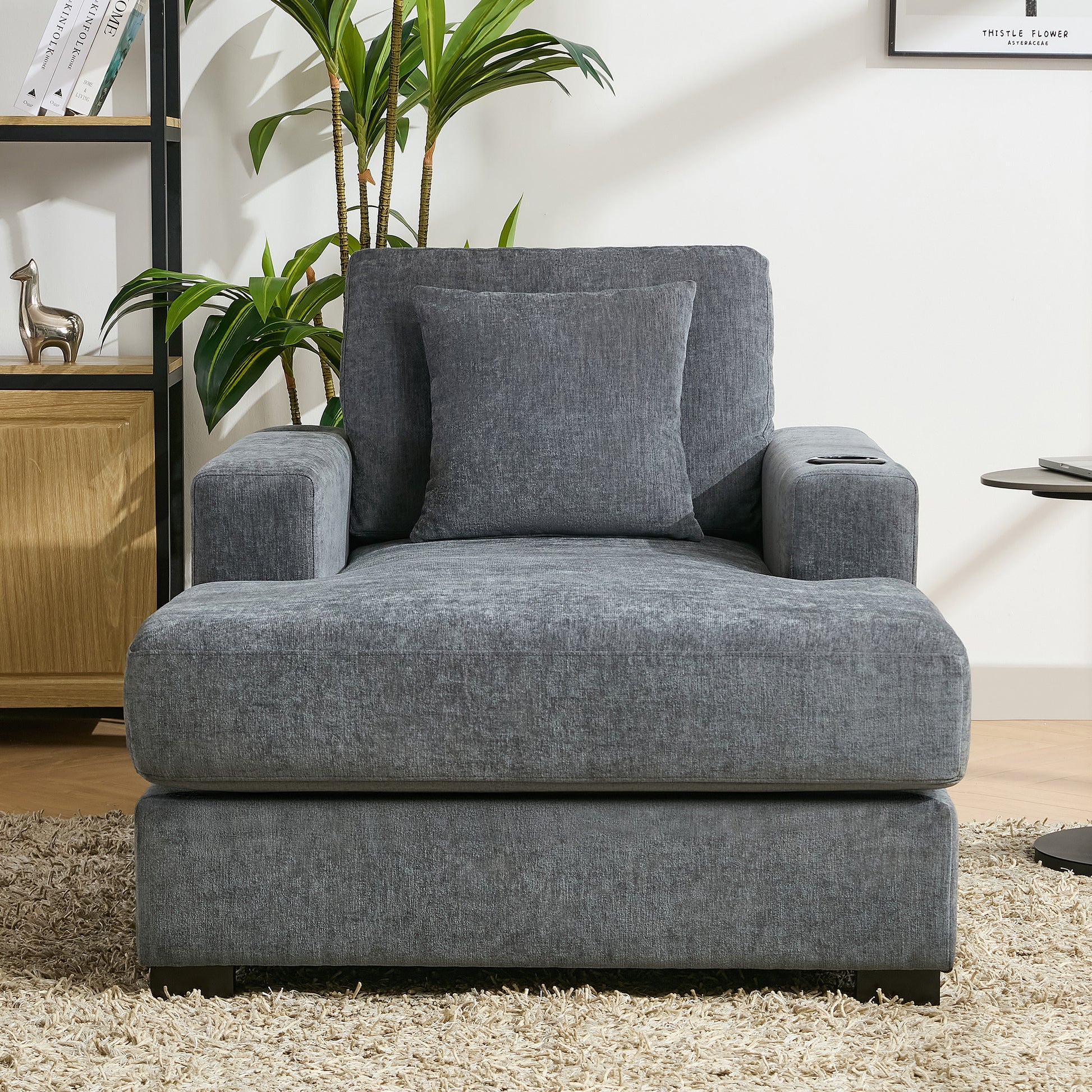 39.7" Oversized Chaise Lounger Modern Style Sofa Couch ,With Pillows, Charge Station & Cup Holders, Chenille Fabric, Blue Gray Blue Gray Chenille