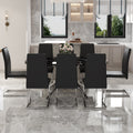 Table And Chair Set, Large Modern Minimalist Rectangular Dining Table, 0.39 Inch Black Imitation Marble Tabletop And Silver Metal Legs, Soft Leather Seats. F 1537 Silver Glass Metal