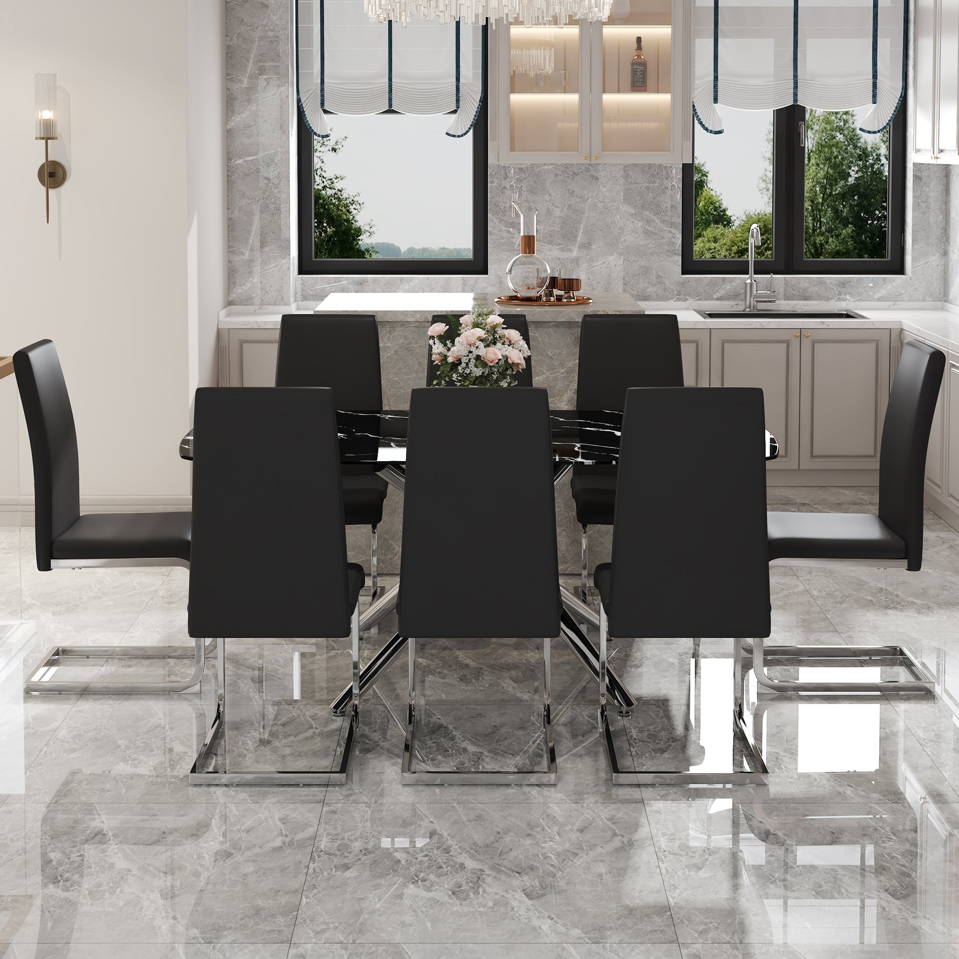 Table And Chair Set, Large Modern Minimalist Rectangular Dining Table, 0.39 Inch Black Imitation Marble Tabletop And Silver Metal Legs, Soft Leather Seats. F 1537 Silver Glass Metal