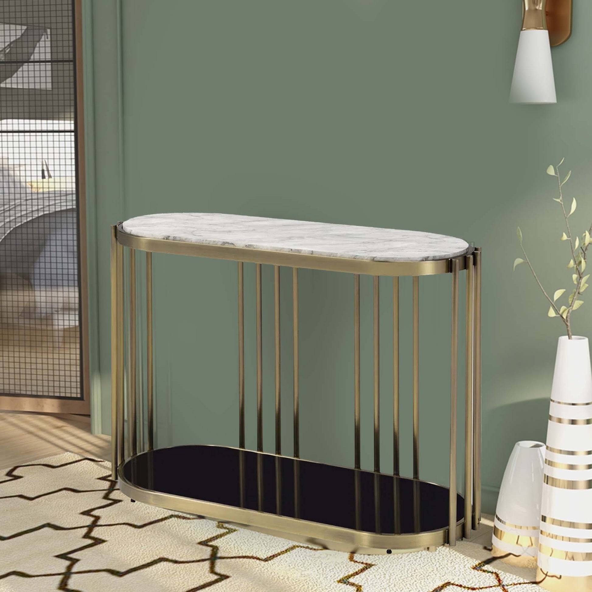 Kein 42 Inch Oblong Sofa Console Table, White Faux Marble Top, Steel Frame White Gold Marble Metal