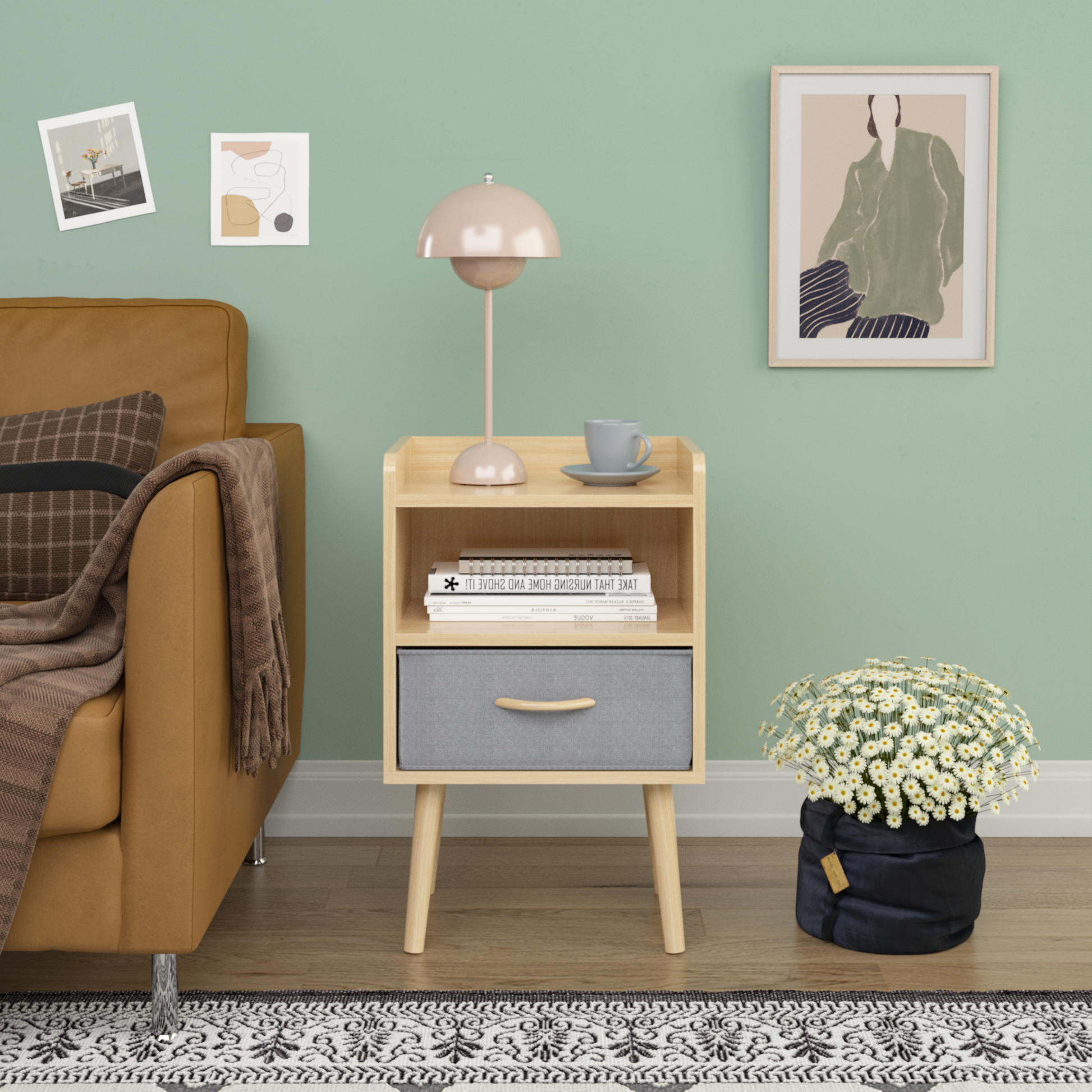 2Pc Nightstand With Collapsible Fabric Drawer, 2 Tier Storage End Table, Wood Side Table With Storage Cabinet For Bedroom, Living Room Oak Oak Engineered Wood