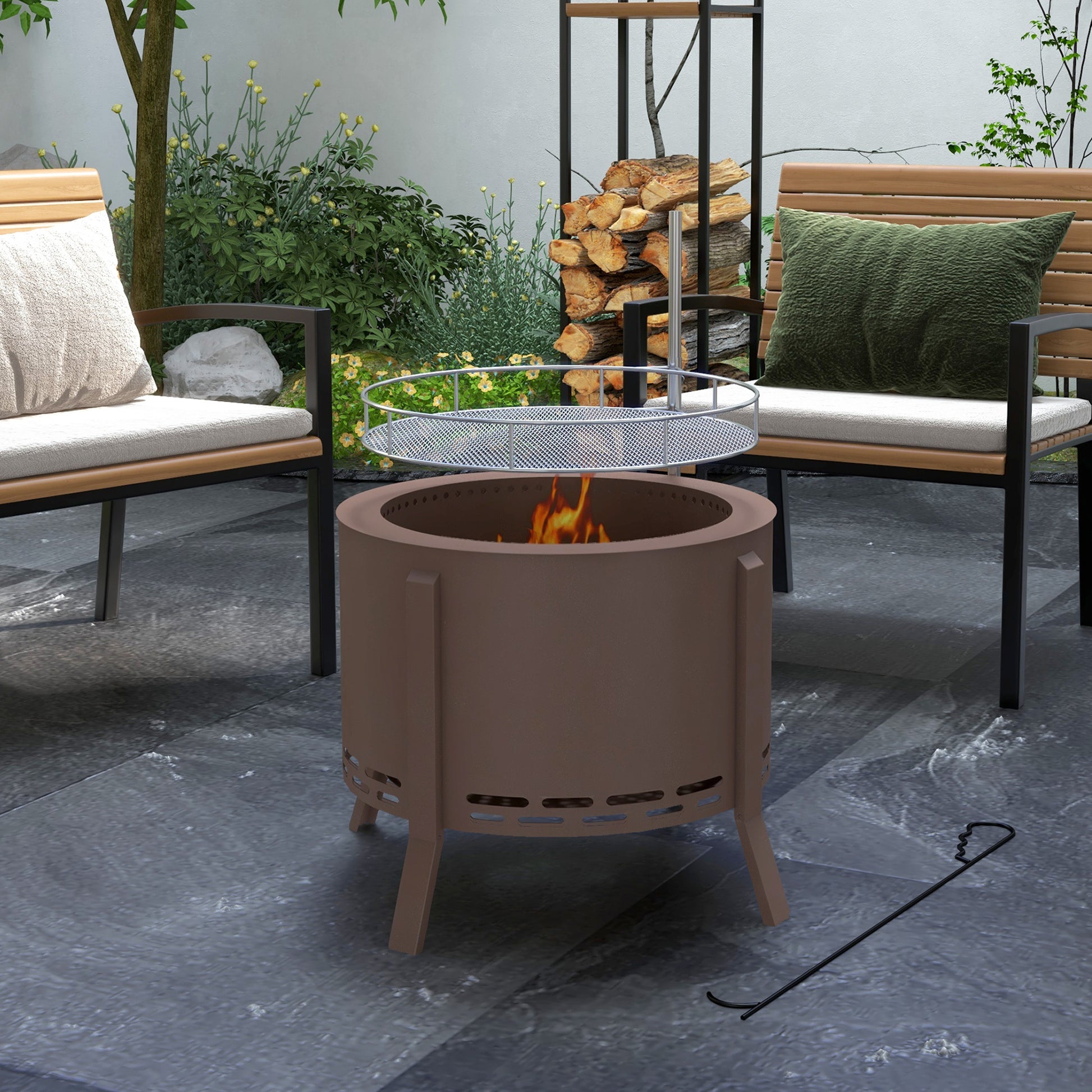 Outsunny 2 In 1 Smokeless Fire Pit, Bbq Grill, 19" Portable Wood Burning Firepit With Cooking Grate And Poker, Low Smoke Camping Bonfire Stove For Backyard Patio Picnic, Steel, Bronze Bronze Steel