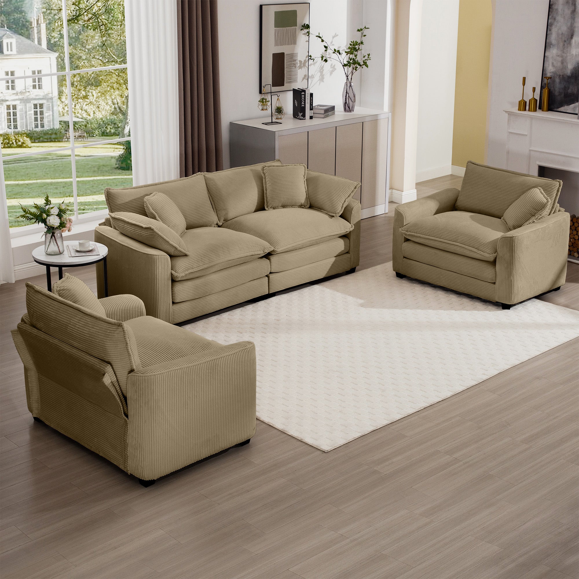Warm And Cozy Sofa Set With Soft Cushions And Pillows, Home Theater Style Sofa Set Consisting Of One 2 Seater Sofas And Two Single Sofa In Tan Corduroy Fabric Tan Corduroy 4 Seat