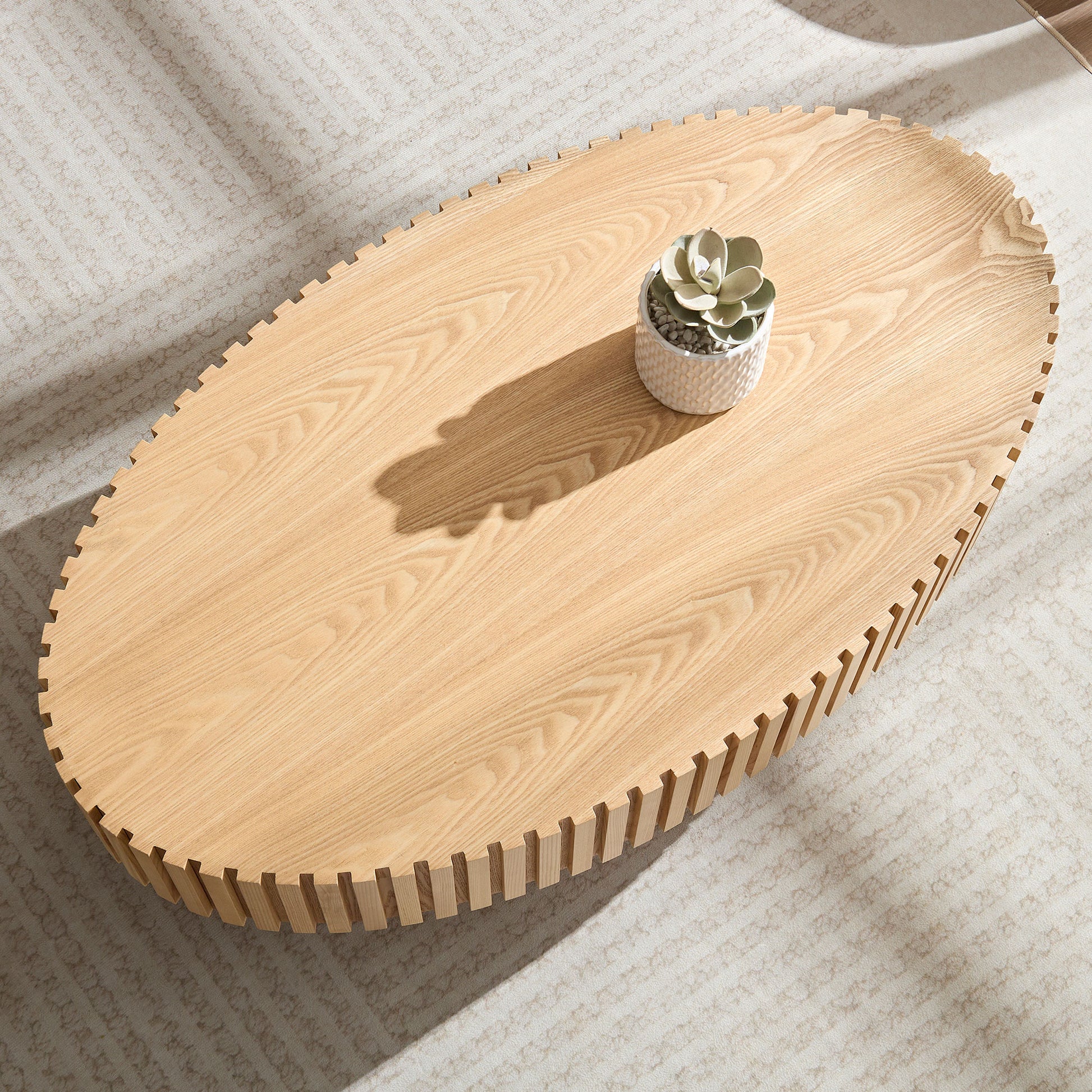 Modern Handcraft Drum Coffee Table Length 43.7 Inch Ellipse Coffee Table For Living Room,Small Coffee Table With Sturdy Pedestal,Natural Ash Mdf Natural Ash Mdf