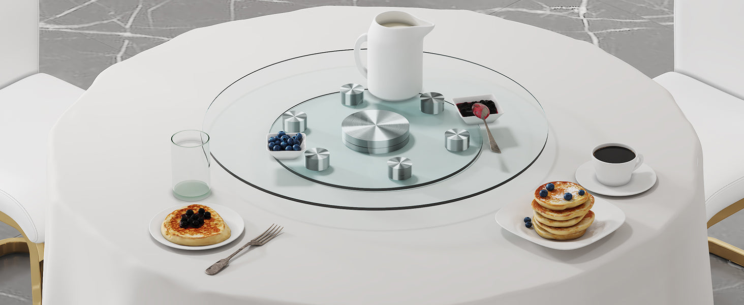 Double Layer Rotatable Round Glass.The Rotatable Design Makes It More Convenient To Retrieve And Place Items.The Upper Glass Has A Diameter Of 24 Inches, While The Lower Glass15 Inches. Transparent Glass