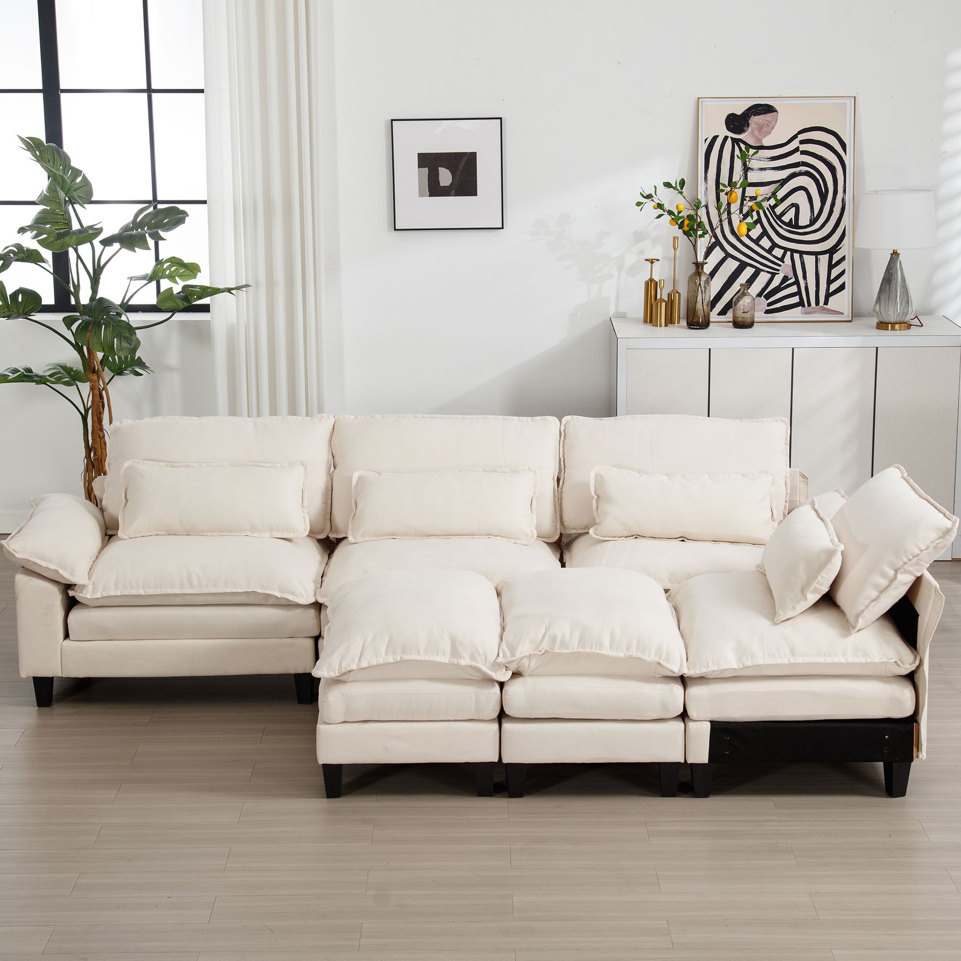 154.8" Oversized Modular Sofaice Velvet Large U Shaped Couch Comfy Upholstered 4 Seat Sofa With 2 Ottoman, 4 Lumbar Pillow, Deep Seat Couch For Living Room Beige Wood Primary Living Space Modern Foam Polyester 6 Seat