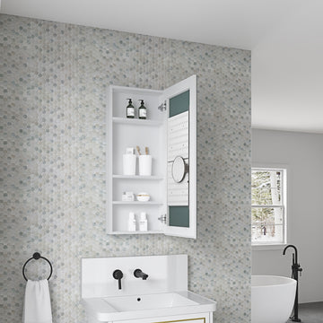 15'' W X 36'' H Bathroom Mirror Medicine Cabinet Wooden Door Medicine Cabinets For Bathroom, Wall Mounted Recessed Or Surface, Bathroom Mirror With Storage, Right Opening Door White Engineered Wood