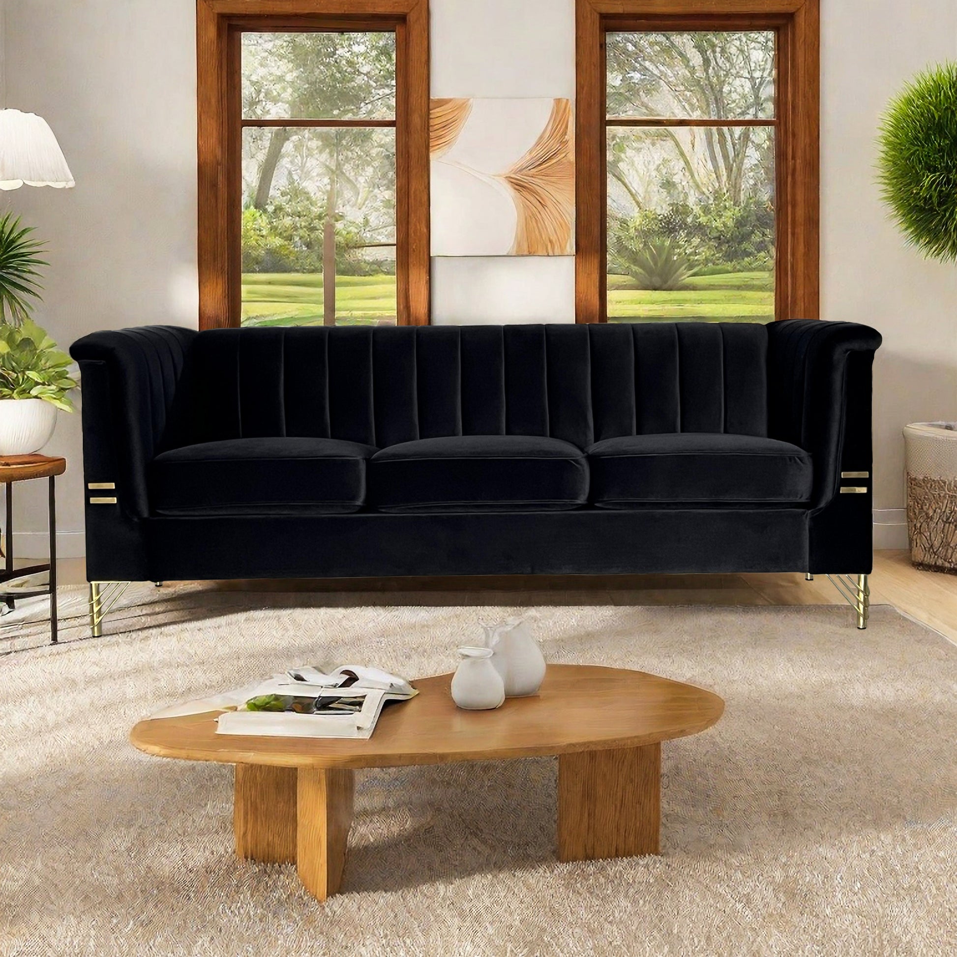 Fx P82 Bk Sofa Modern Sofa Couches For Living Room, 82.67Inches Velvet Velvet Tight Back Chesterfield Design Couch Upholstered Sofa With Metal Legs Decor Furniture For Bedroom Black Velvet 3 Seat