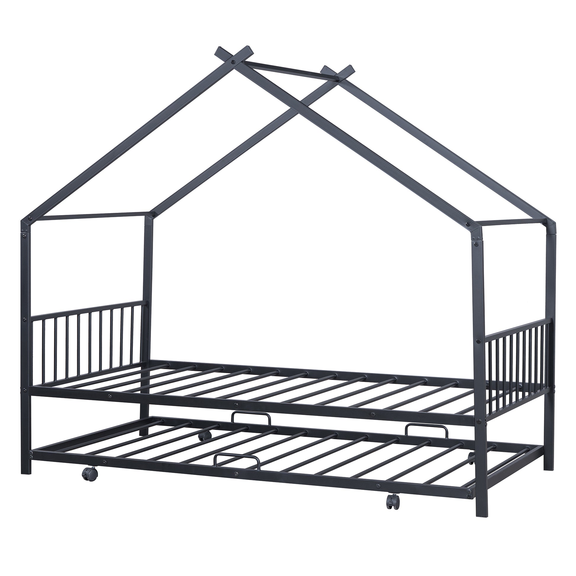 Twin Size Metal House Bed With Twin Size Trundle, Black Twin Black Metal