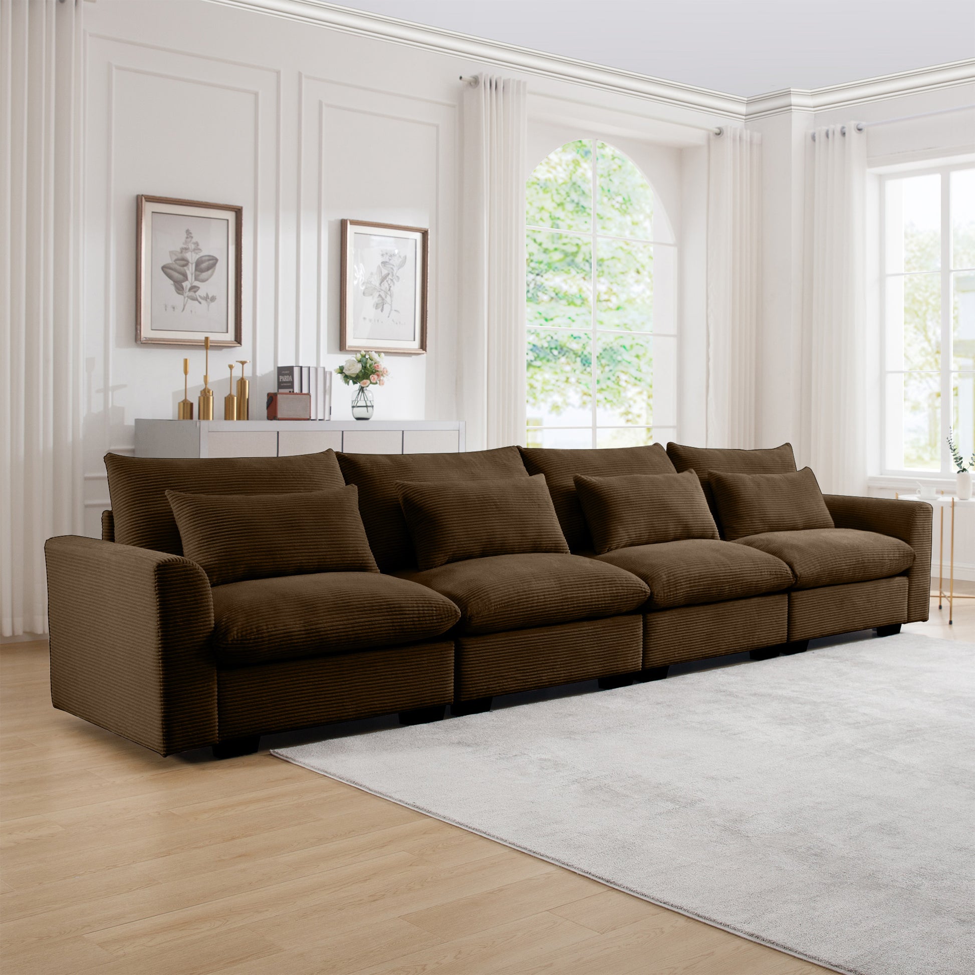 4 Seater Deep Seat Couches For Living Room, Comfy Brown Corduroy Sofas For Living Room Modern With 4 Waist Pillows Brown Corduroy 4 Seat