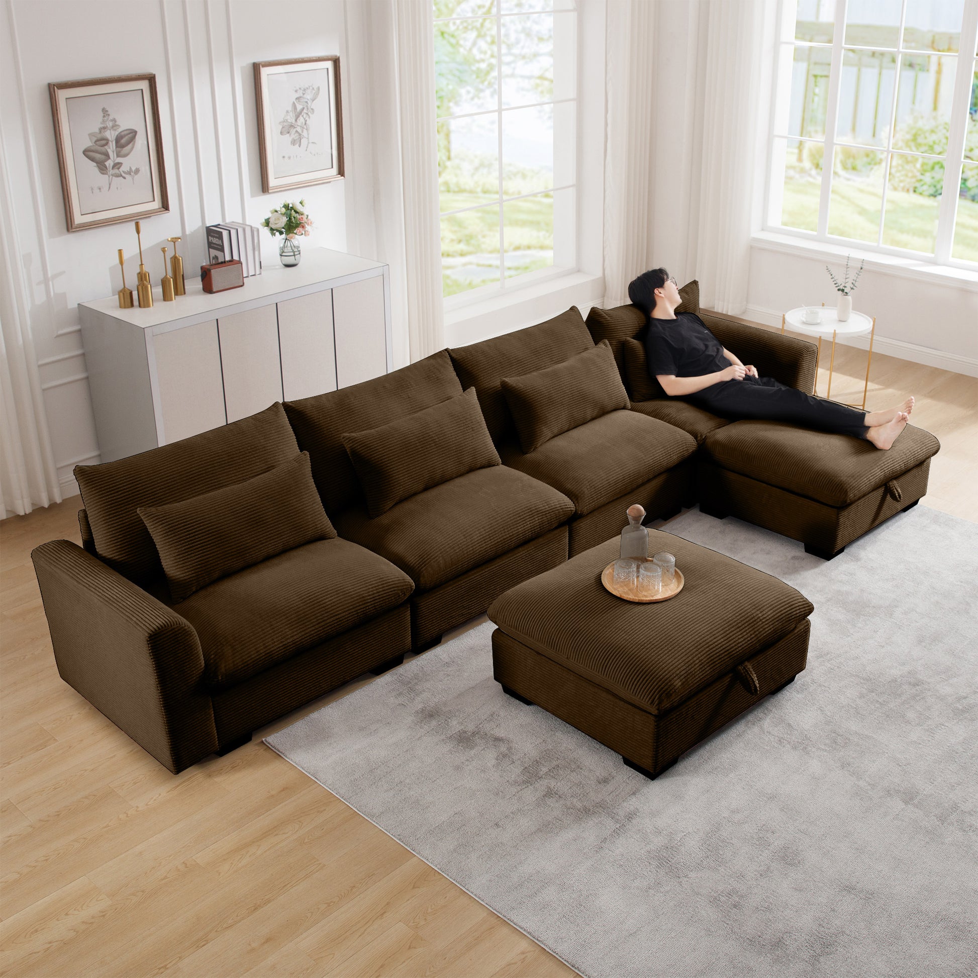 Big Deep Seat U Shaped Corduroy Sectional Couches For Living Room, 4 Seater Sofa Couch With 2 Storage Footstool And 4 Waist Pillows Corduroy, Brown Brown Corduroy 4 Seat