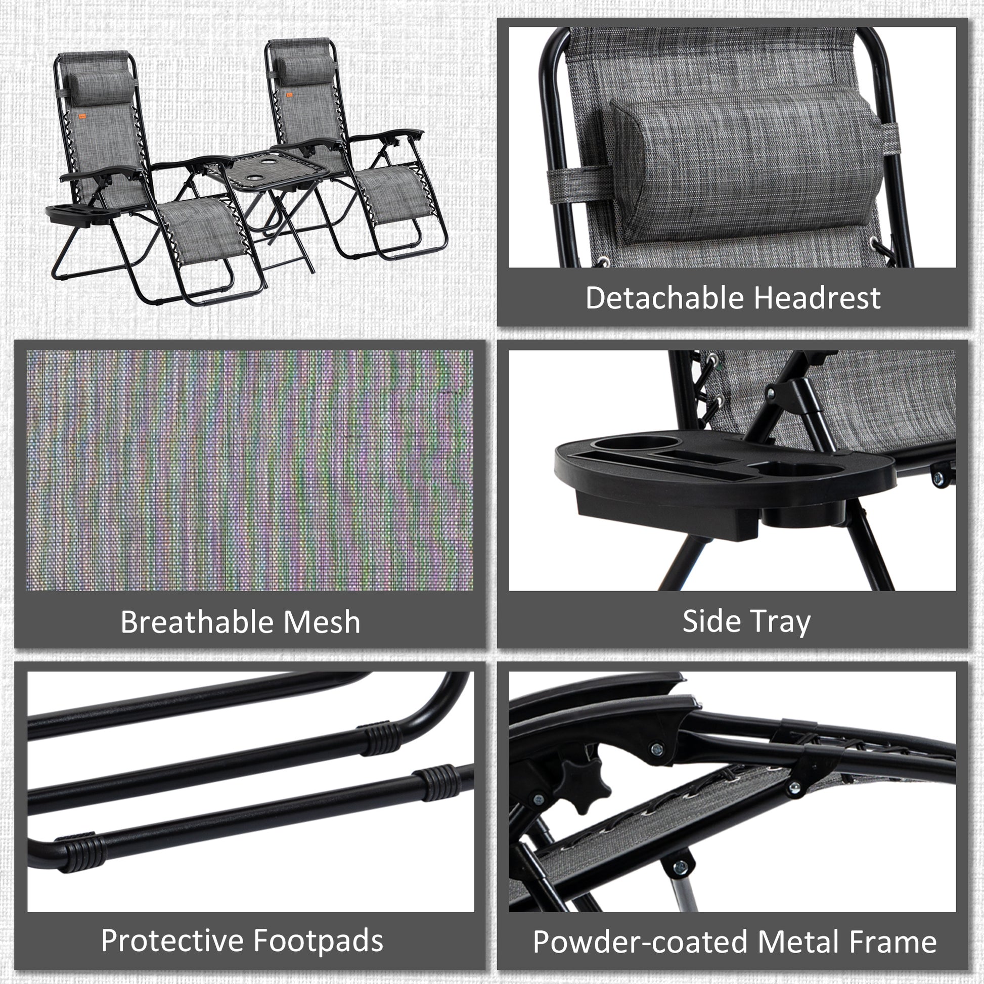 Outsunny Zero Gravity Chair Set With Side Table, Folding Reclining Chair With Cupholders & Pillows, Adjustable Lounge Chair For Pool, Backyard, Lawn, Beach, Gray Grey Steel