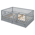 Full Size Wood Daybed With Fence Guardrails And 2 Drawers, Split Into Independent Floor Bed & Daybed, Gray Old Sku :Lp000882Aae Full Gray Solid Wood Mdf